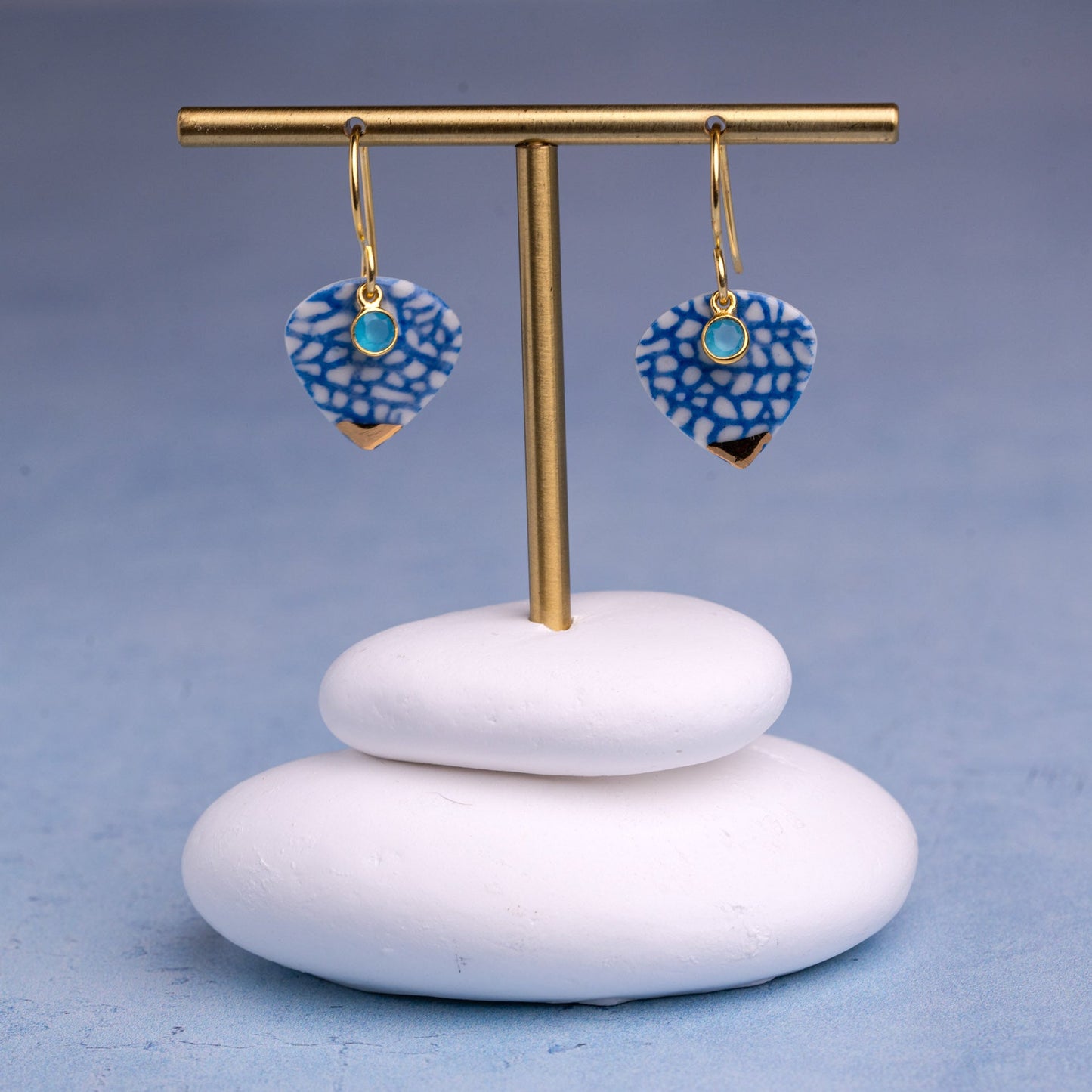 Porcelain Earrings, Medium Heart, Cobalt Blue