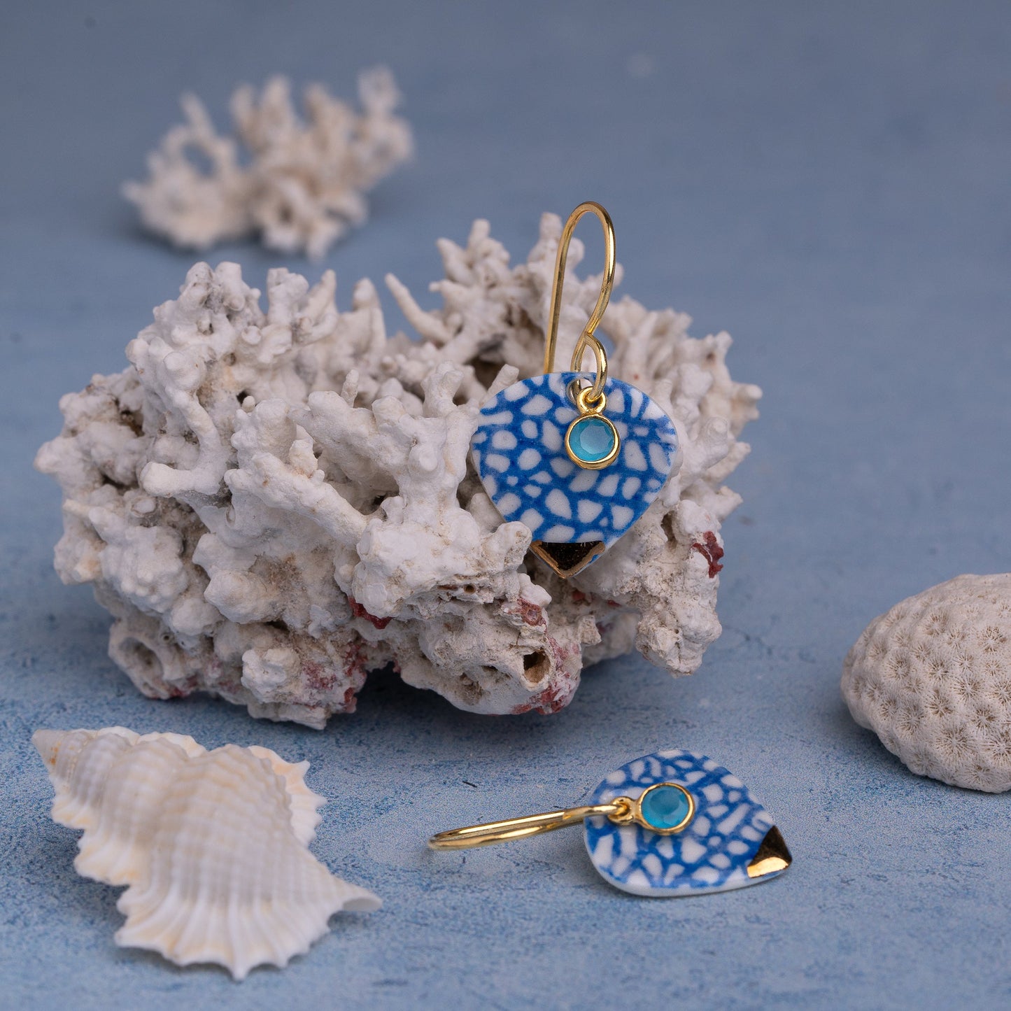 Porcelain Earrings, Medium Heart, Cobalt Blue