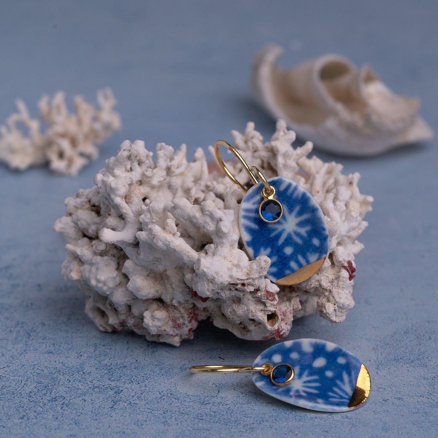 Porcelain Earrings, Medium Round, Cobalt Blue