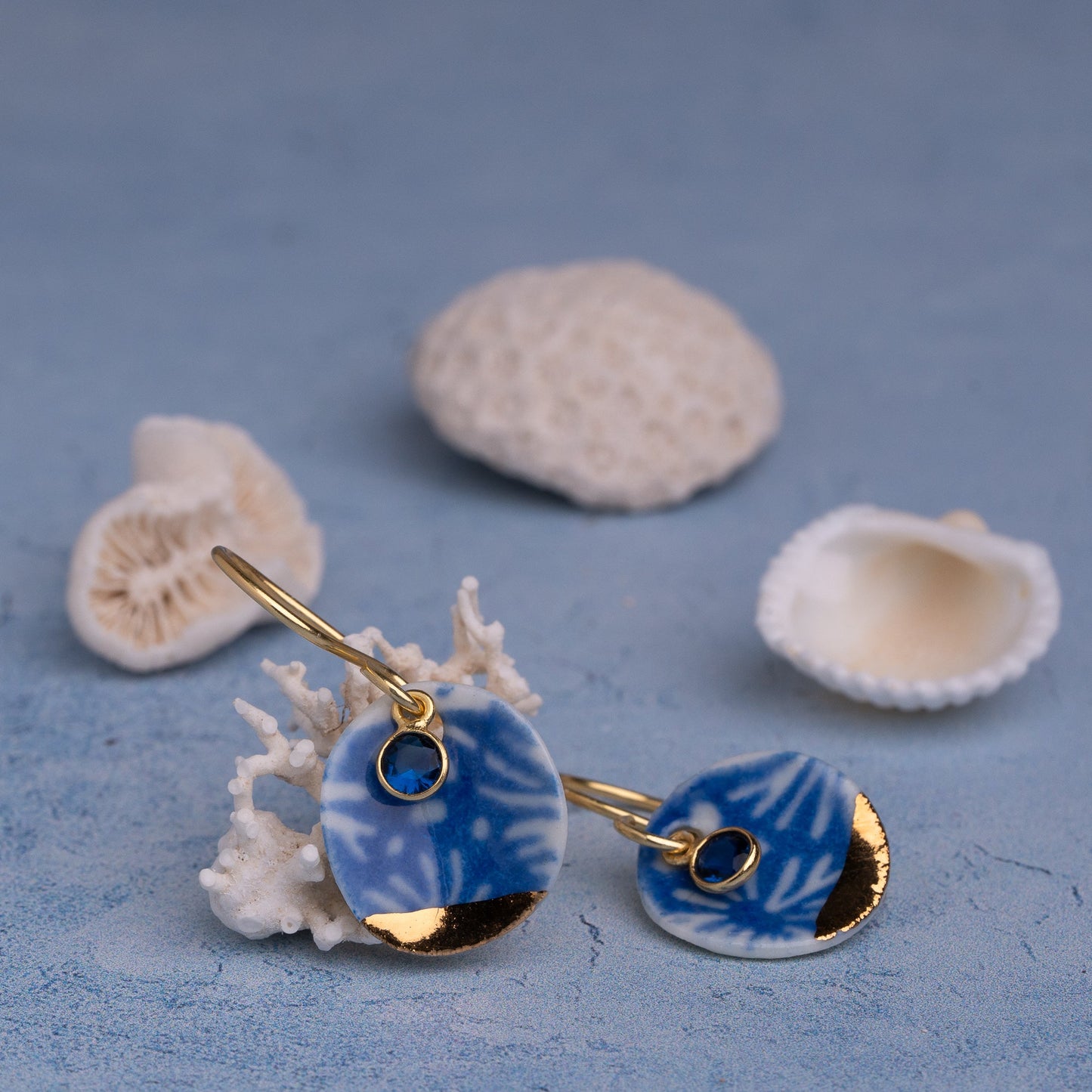Porcelain Earrings, Medium Round, Cobalt Blue