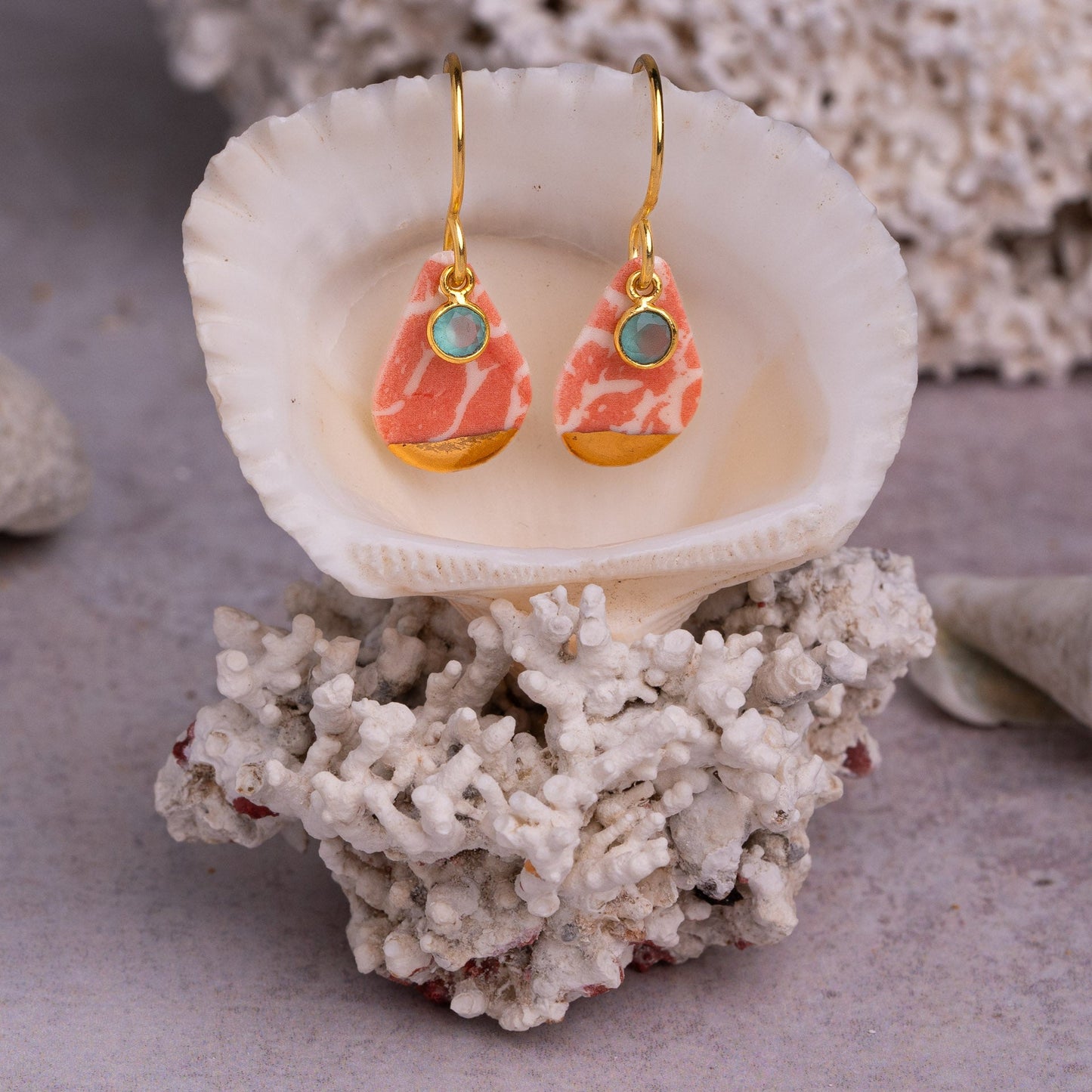 Porcelain Earrings, Small Teardrop, Coral Blush