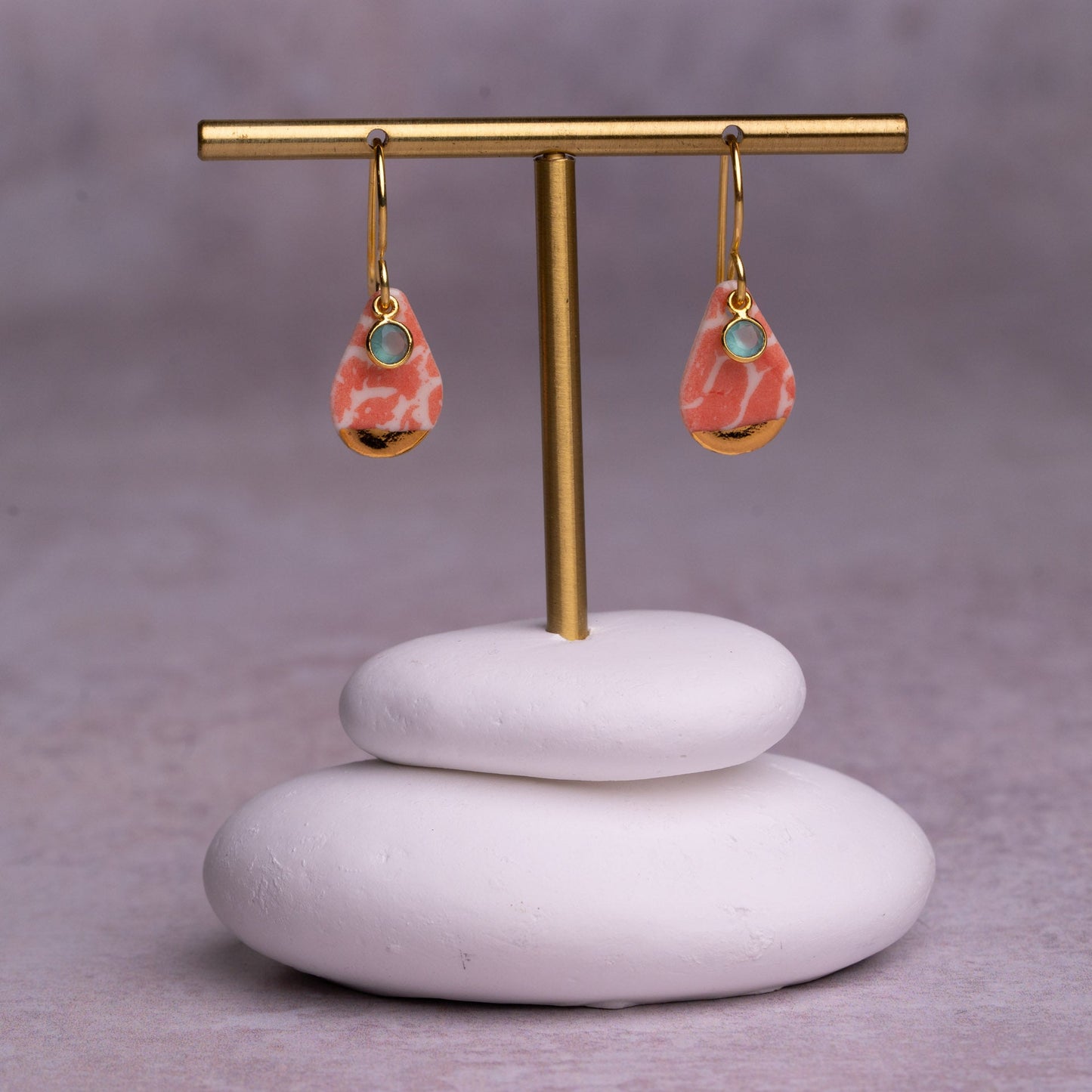 Porcelain Earrings, Small Teardrop, Coral Blush