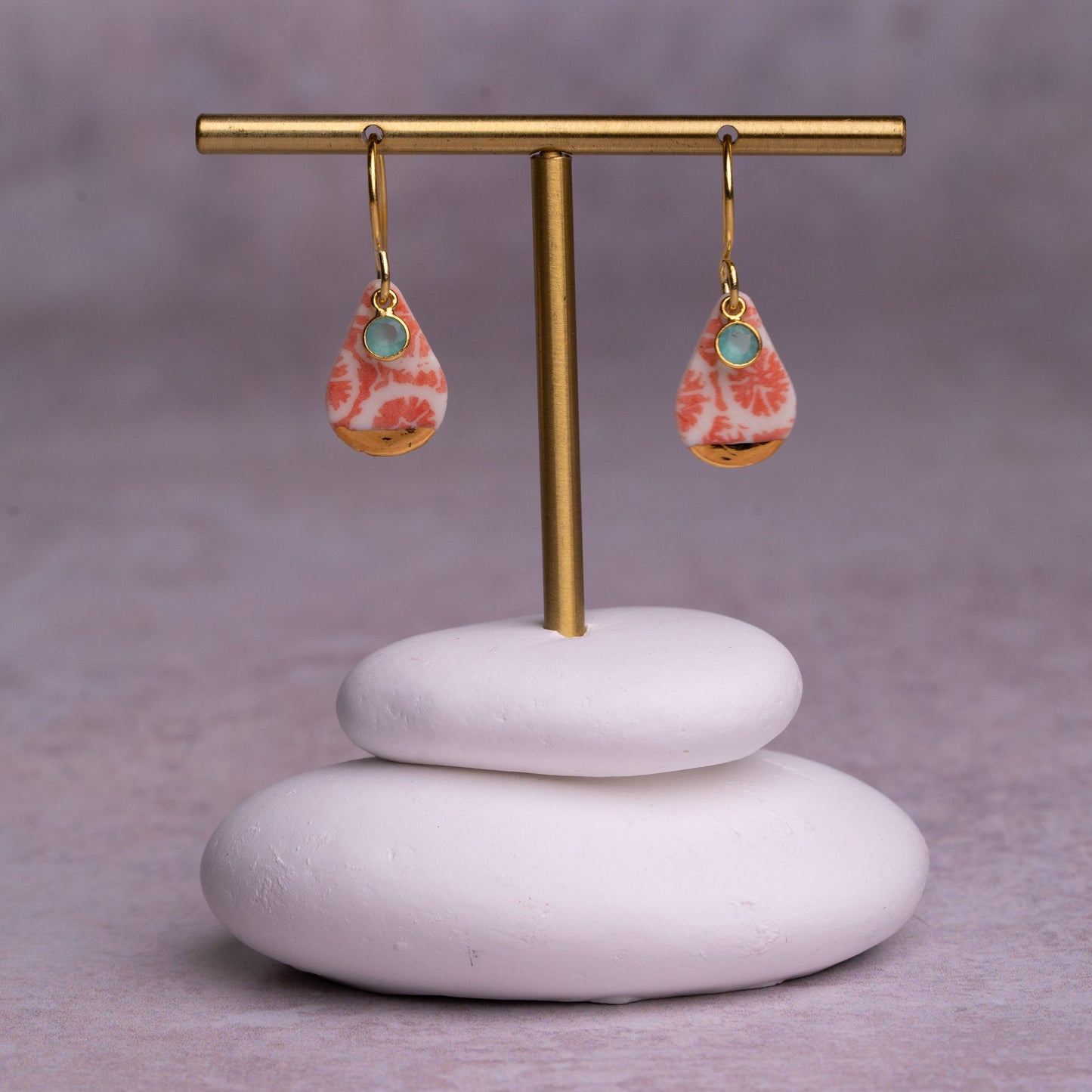 Porcelain Earrings, Small Teardrop, Coral Blush