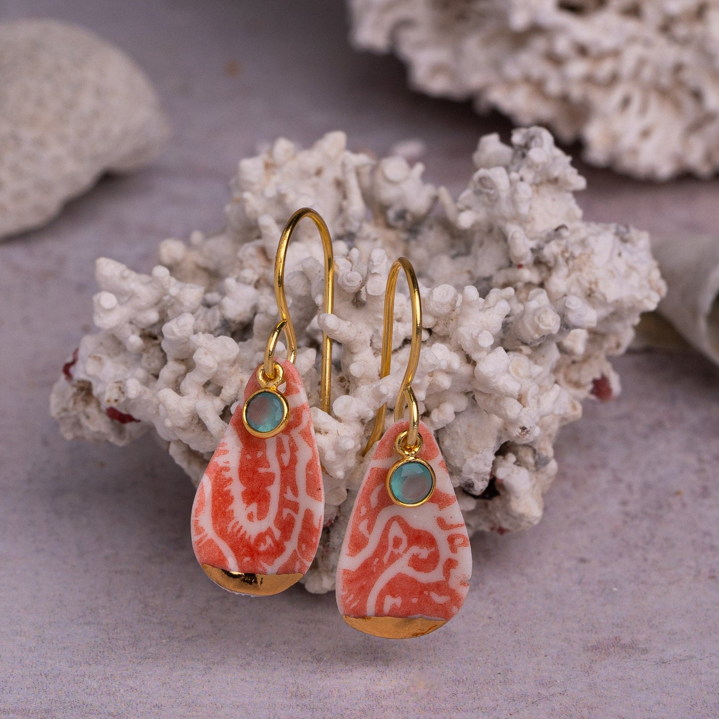 Porcelain Earrings, Medium Teardrop, Coral Blush