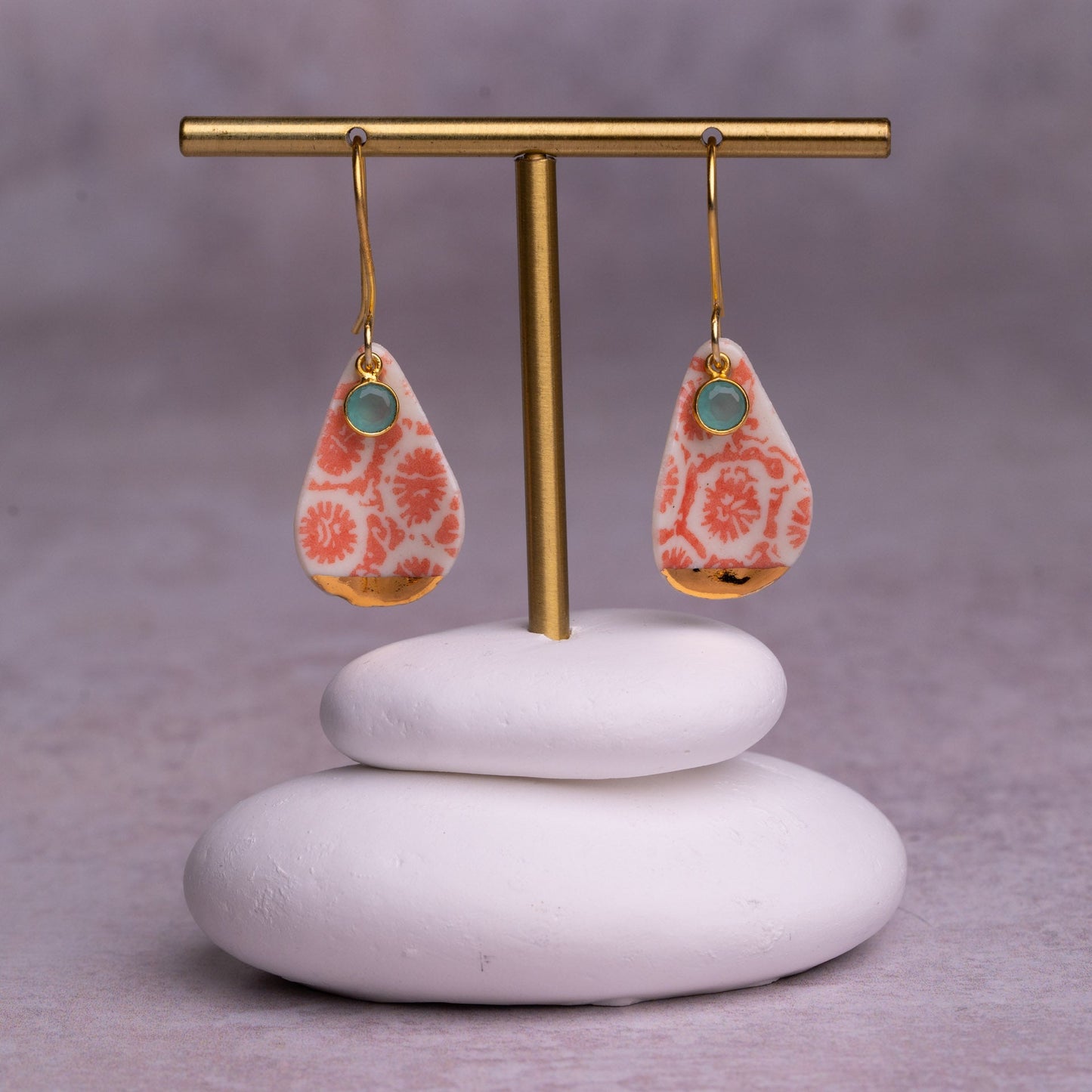 Porcelain Earrings, Large Teardrop, Coral Blush