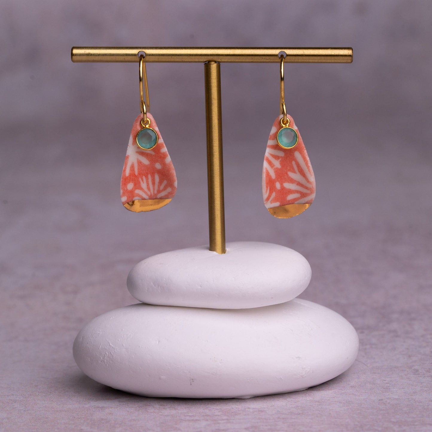 Porcelain Earrings, Large Teardrop, Coral Blush