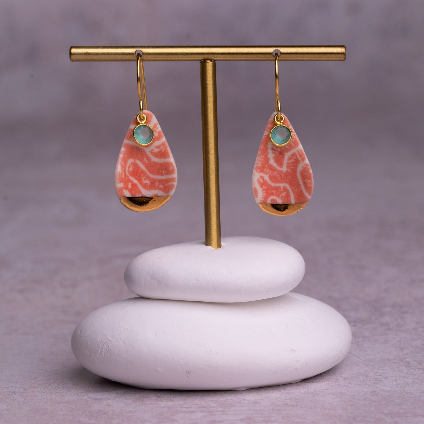 Porcelain Earrings, Large Teardrop, Coral Blush