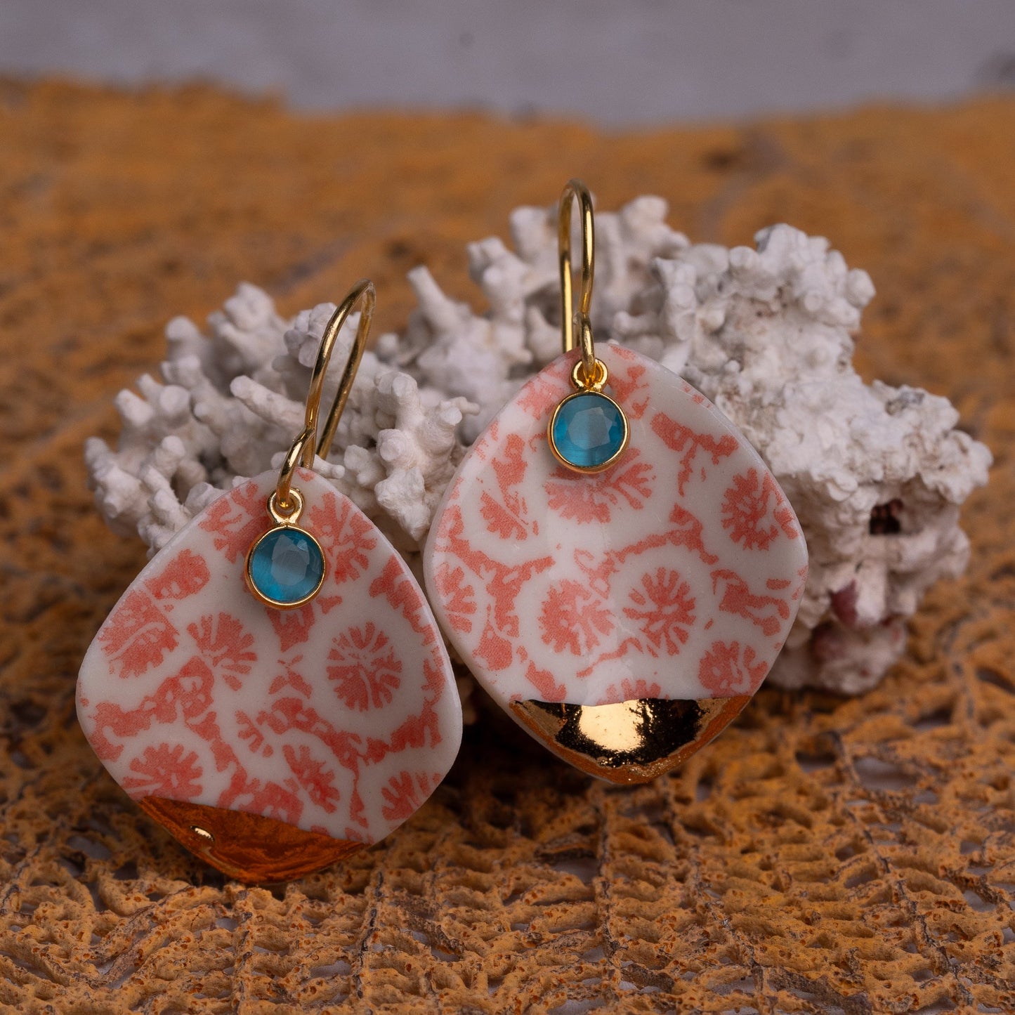 Porcelain Earrings , X Large Square, Coral Blush