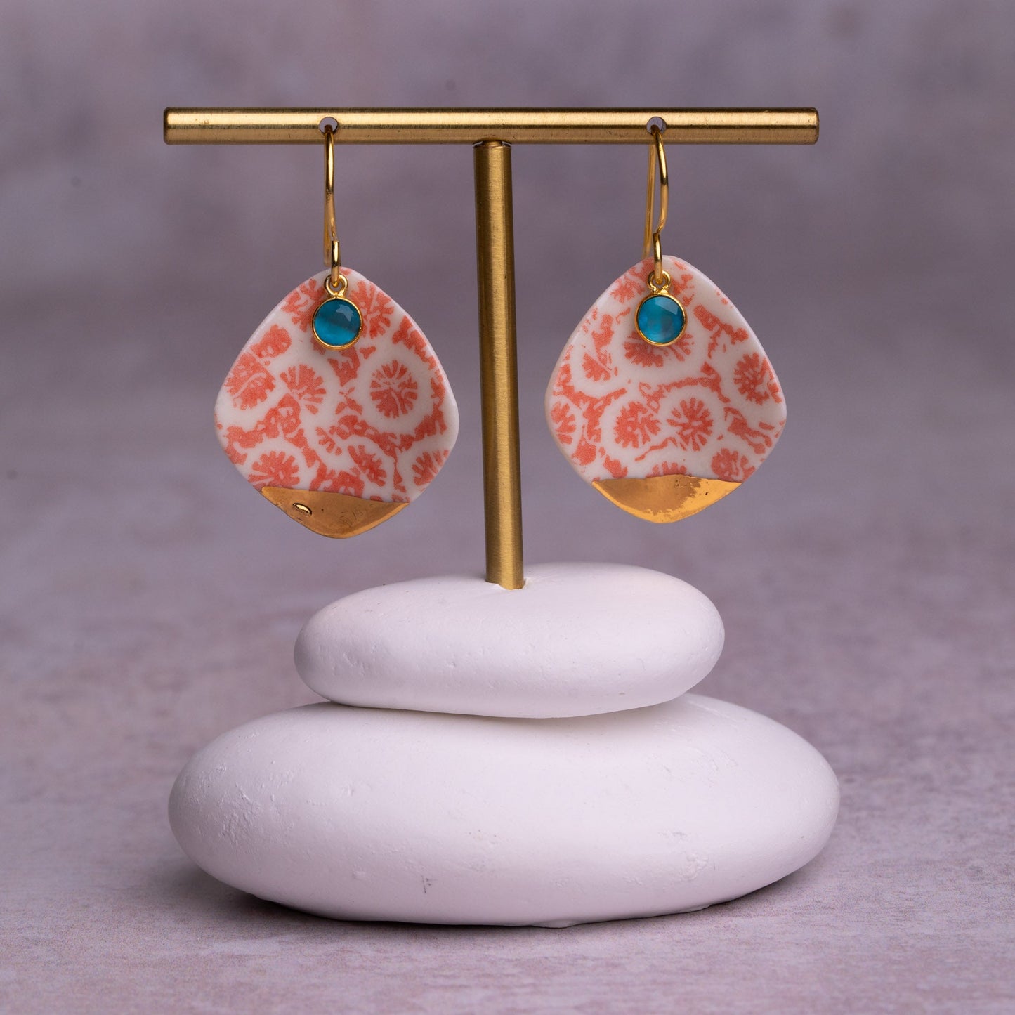 Porcelain Earrings , X Large Square, Coral Blush