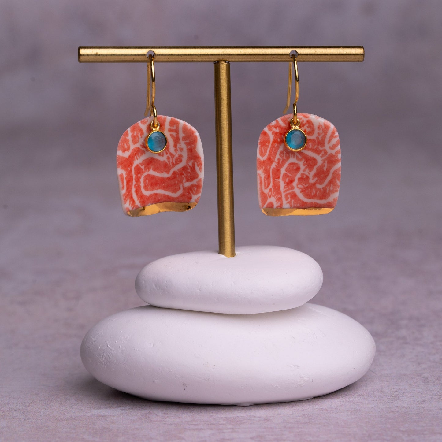 Porcelain Earrings , X Large Square, Coral Blush
