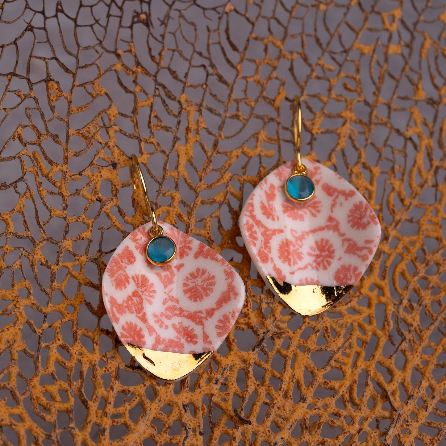 Porcelain Earrings , X Large Square, Coral Blush