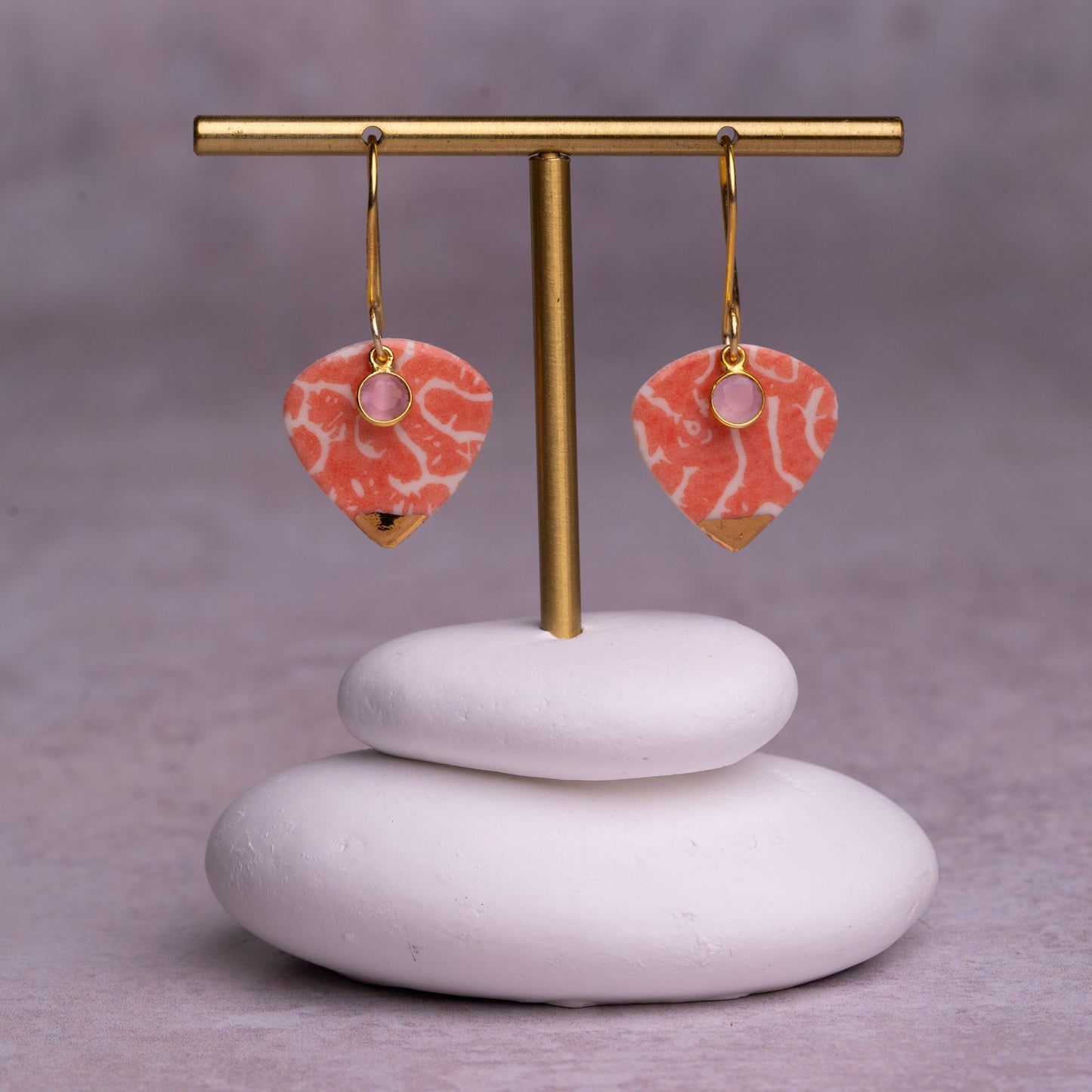 Porcelain Earrings, Large Heart, Coral Blush