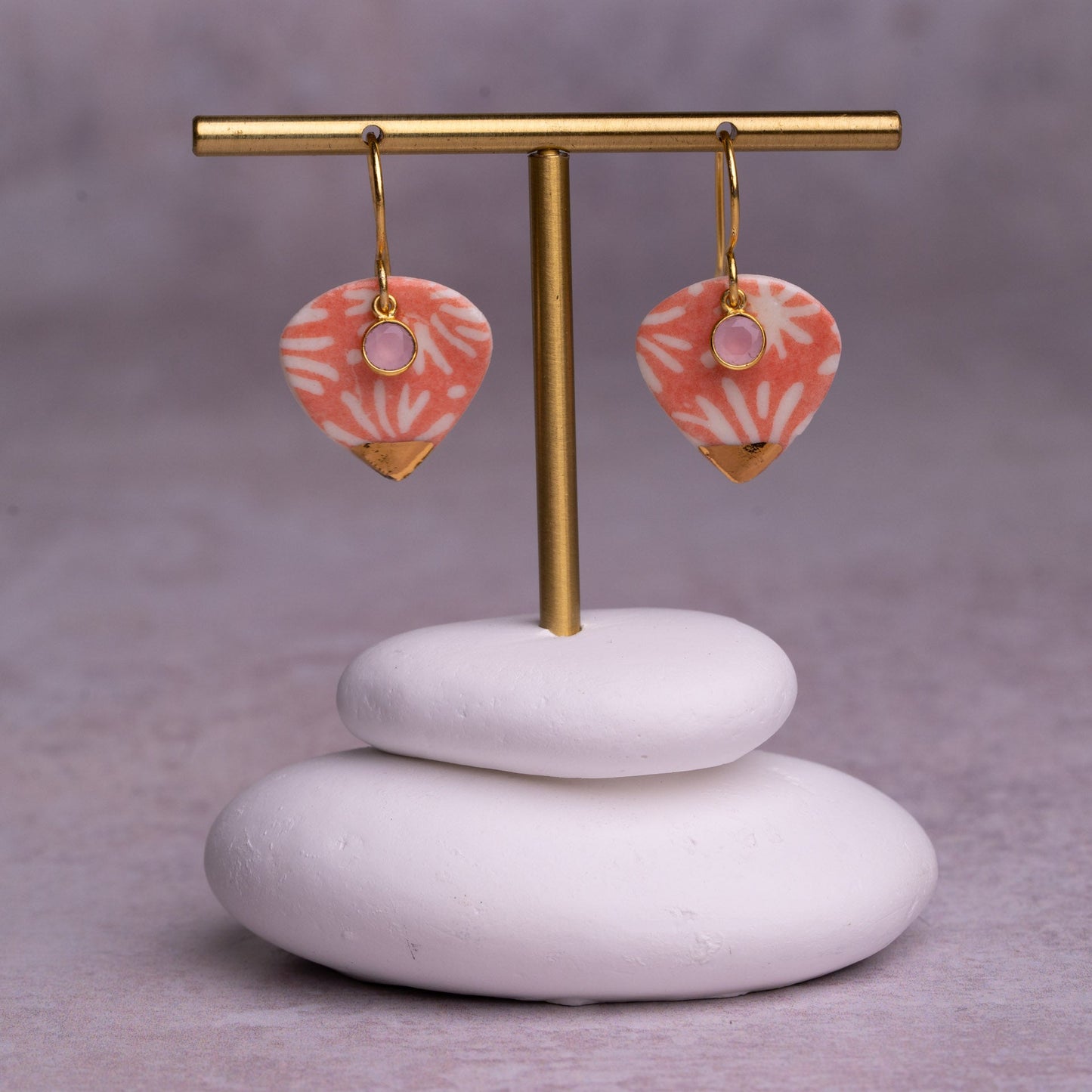 Porcelain Earrings, Large Heart, Coral Blush