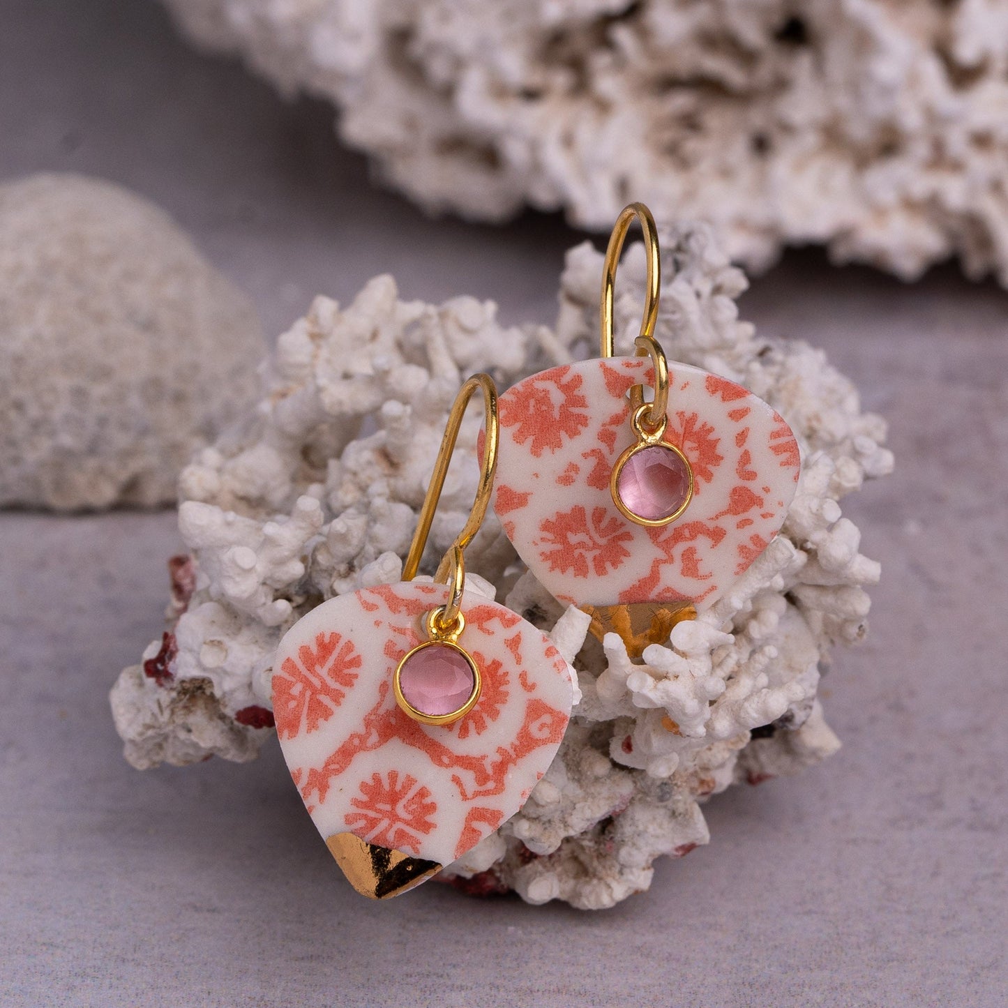 Porcelain Earrings, Large Heart, Coral Blush