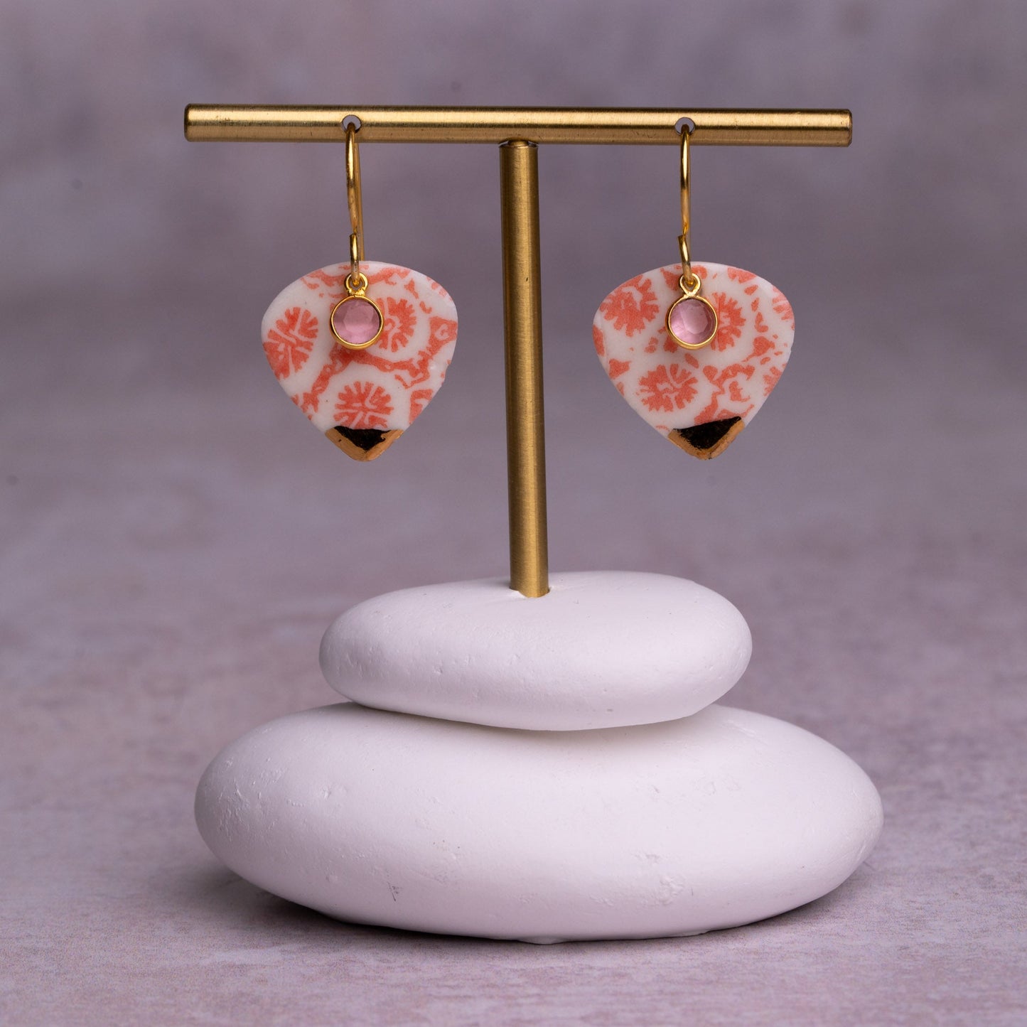 Porcelain Earrings, Large Heart, Coral Blush