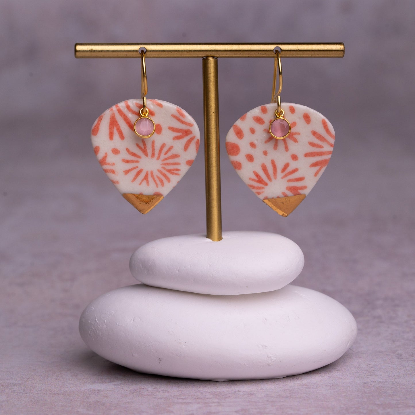 Porcelain Earrings, X Large Heart, Coral Blush