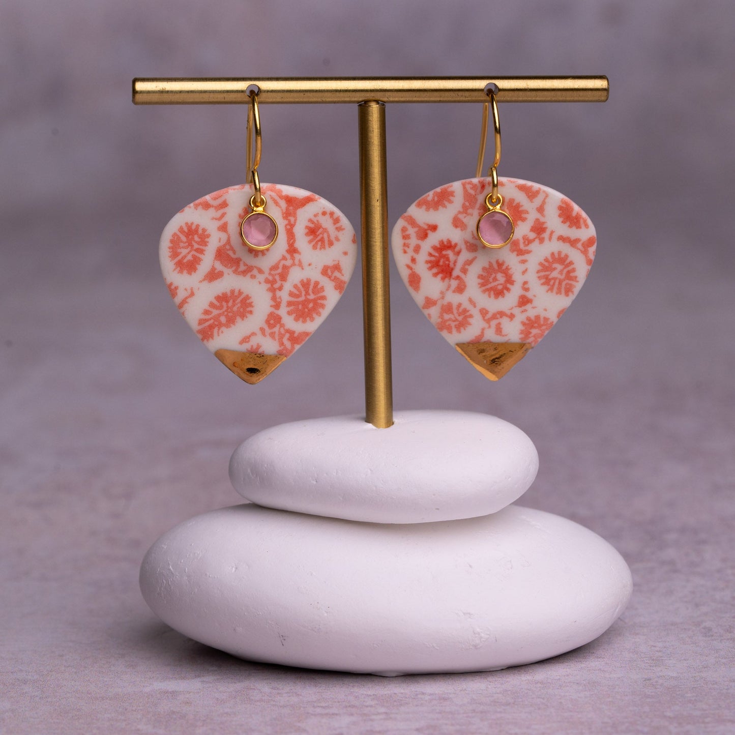 Porcelain Earrings, X Large Heart, Coral Blush