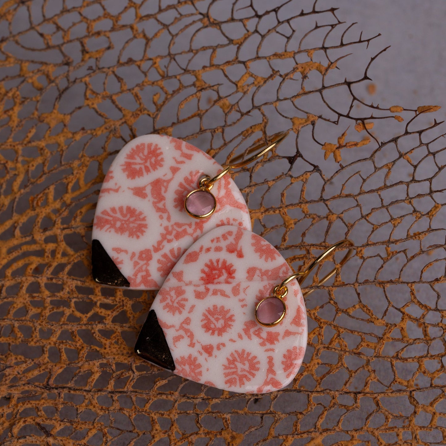 Porcelain Earrings, X Large Heart, Coral Blush