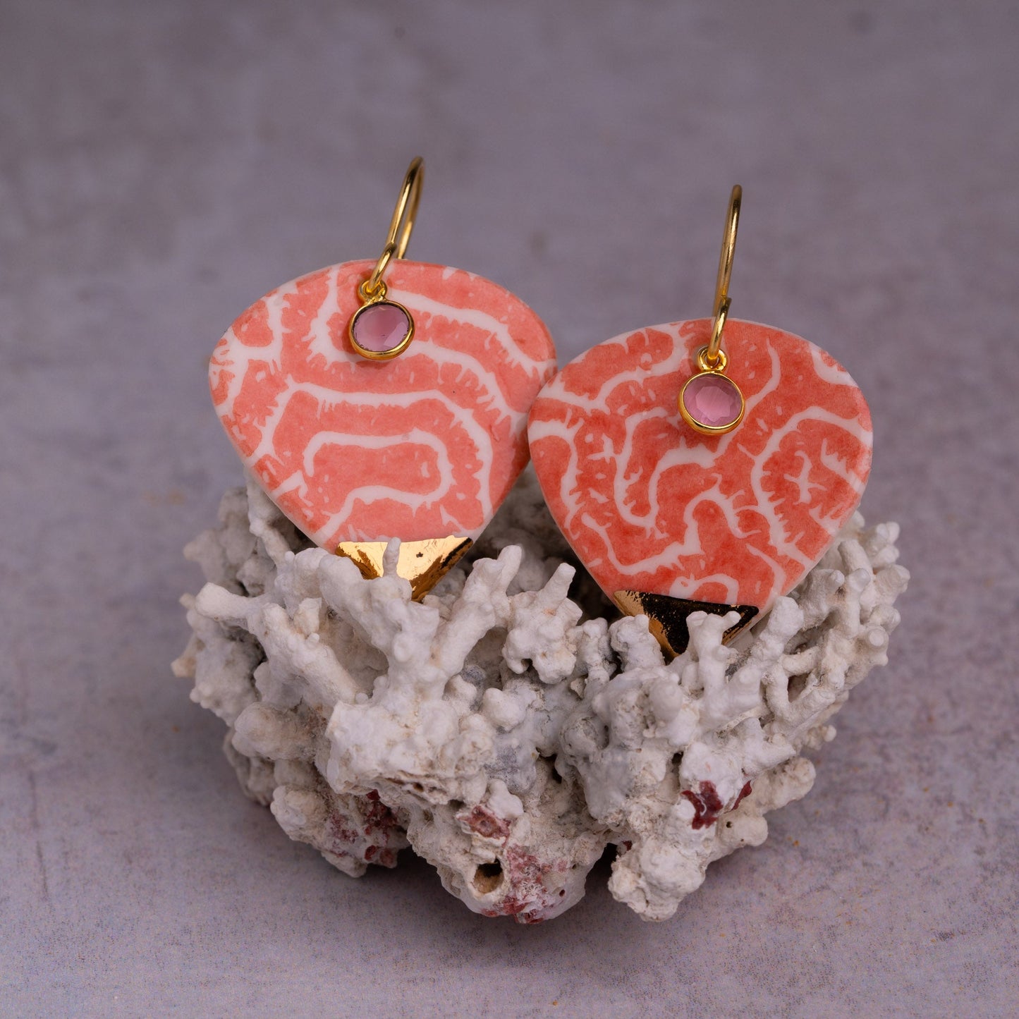 Porcelain Earrings, X Large Heart, Coral Blush