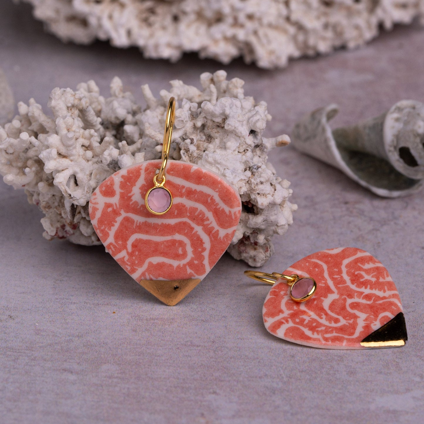 Porcelain Earrings, X Large Heart, Coral Blush