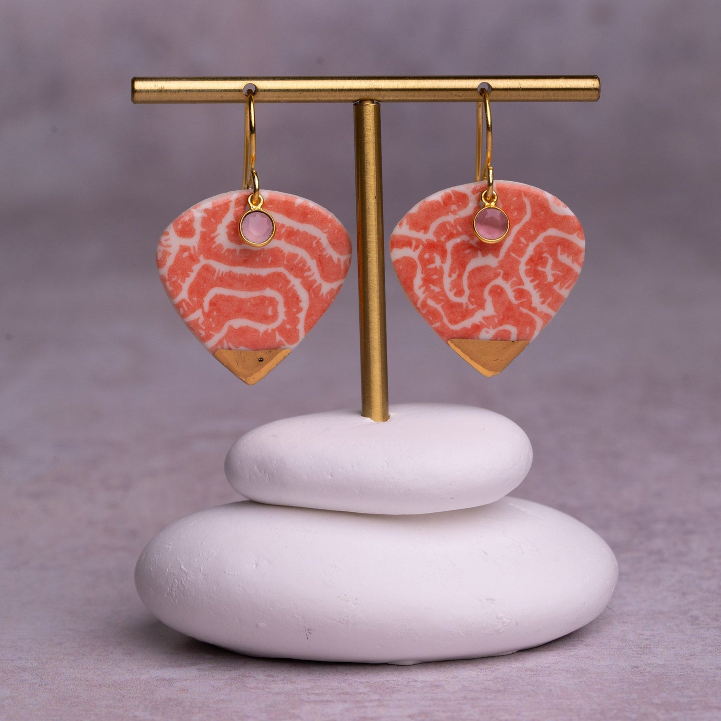 Porcelain Earrings, X Large Heart, Coral Blush