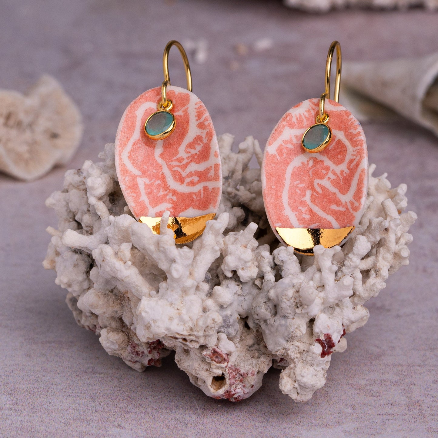 Porcelain Earrings, Large Round, Coral Blush