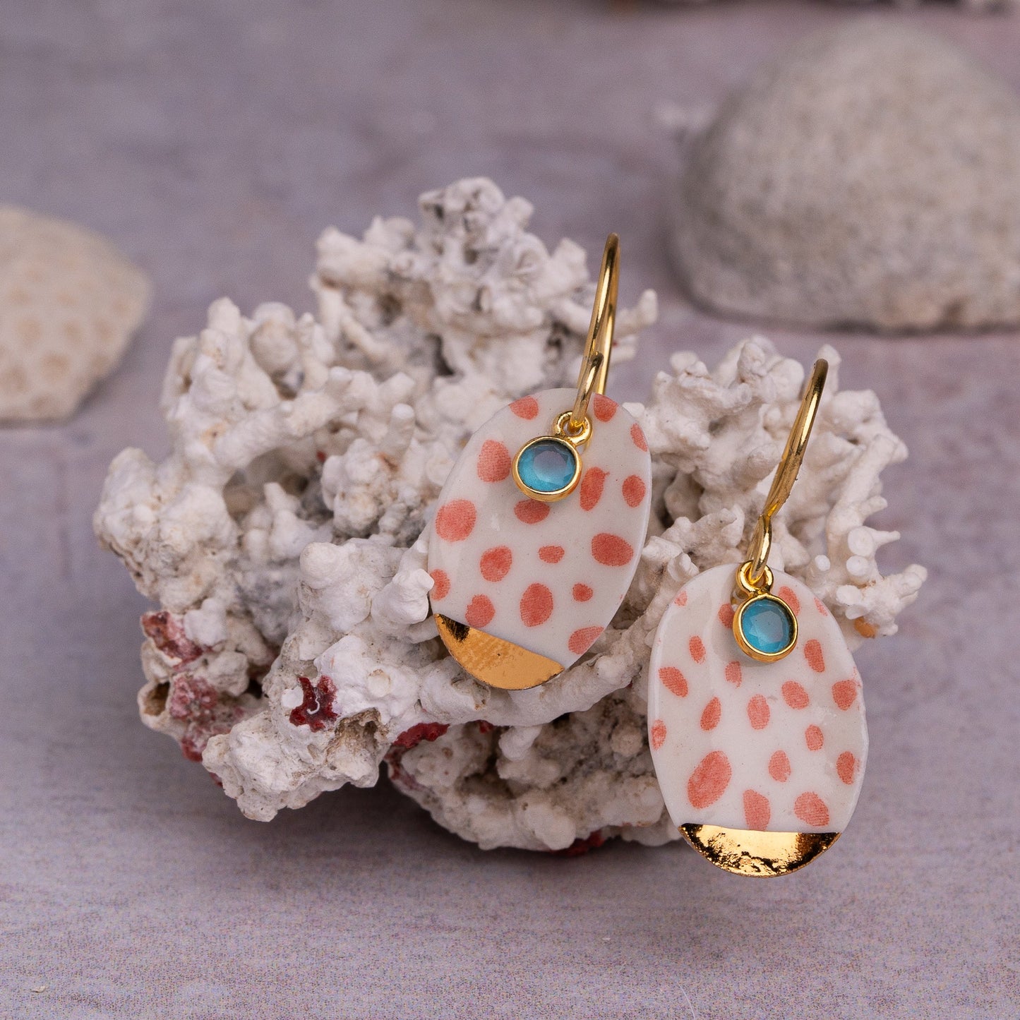 Porcelain Earrings, Large Round, Coral Blush