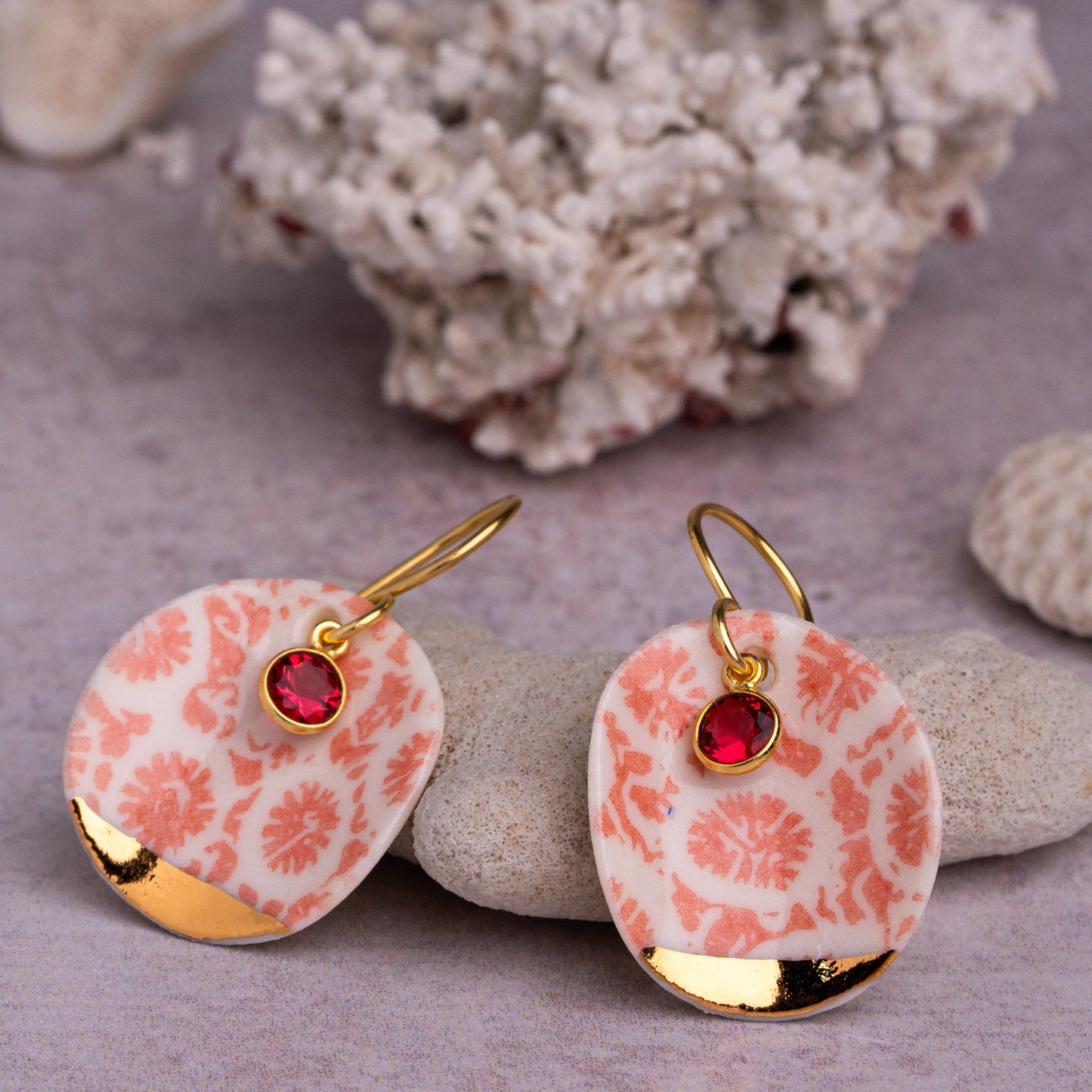 Porcelain Earrings, Large Round, Coral Blush