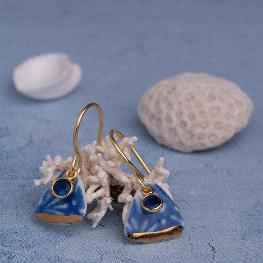 Porcelain Earrings, Small Triangle, Cobalt Blue