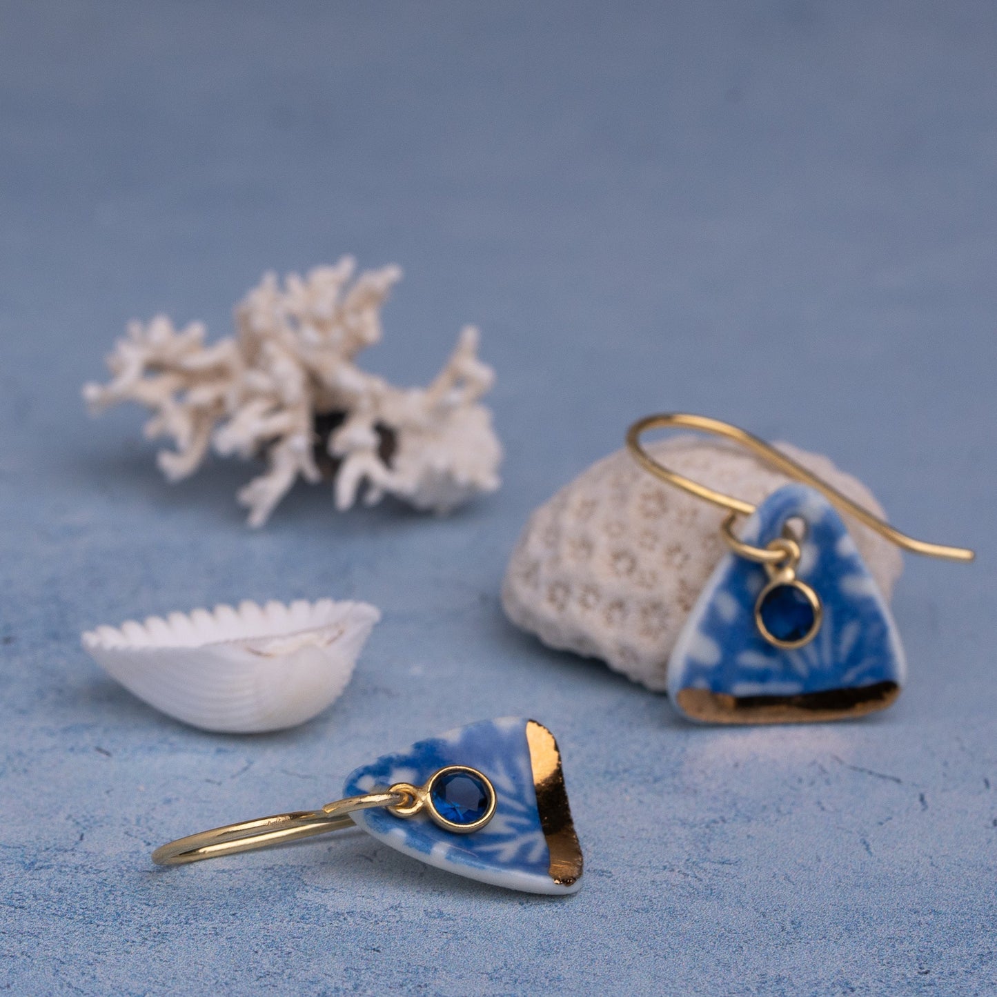 Porcelain Earrings, Medium Triangle, Cobalt Blue