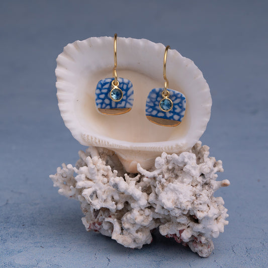 Porcelain Earrings, Small Square, Cobalt Blue