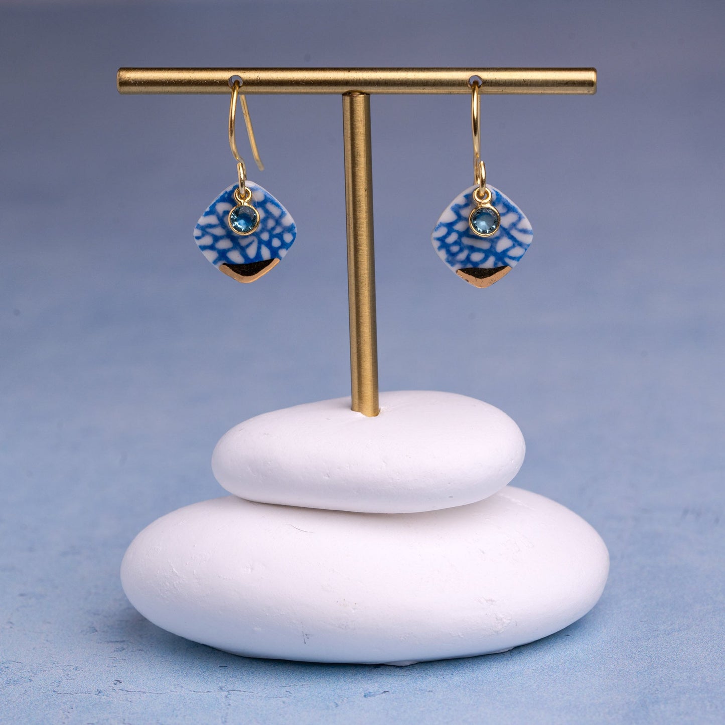 Porcelain Earrings, Small Square, Cobalt Blue