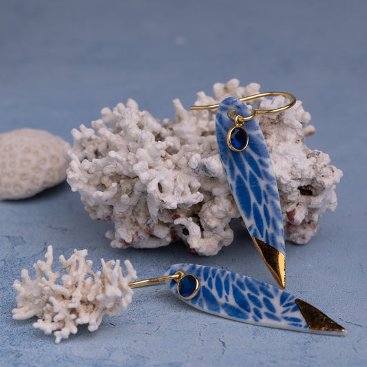 Porcelain Earrings, Fish, Cobalt Blue