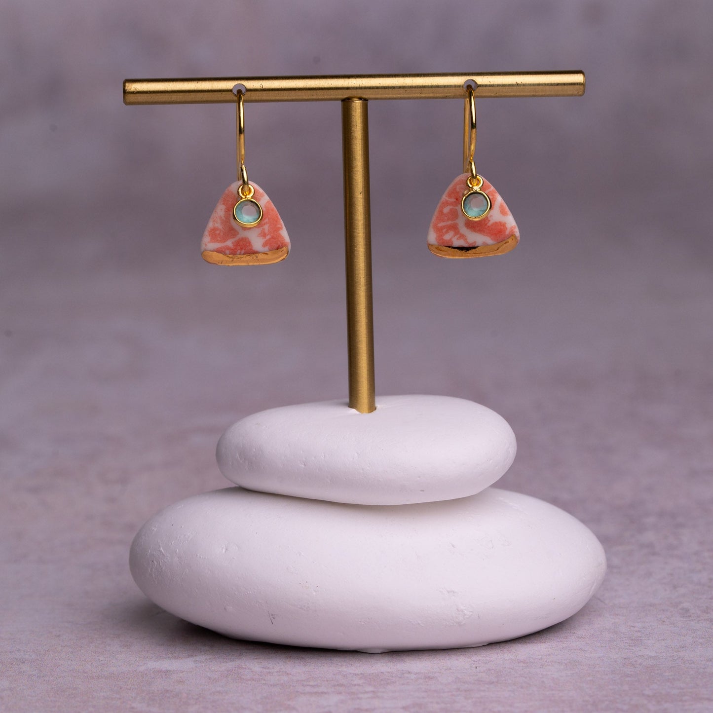 Porcelain Earrings, Small Triangle, Coral Blush