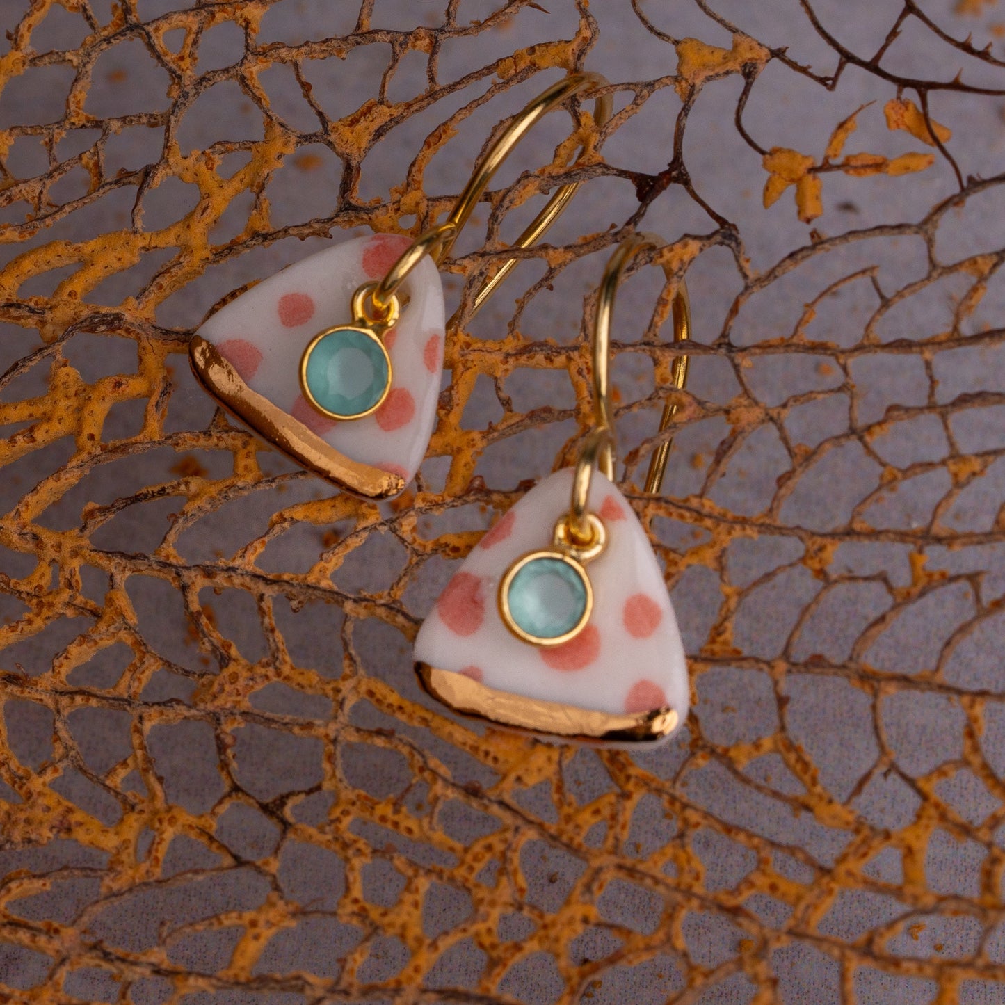 Porcelain Earrings, Small Triangle, Coral Blush