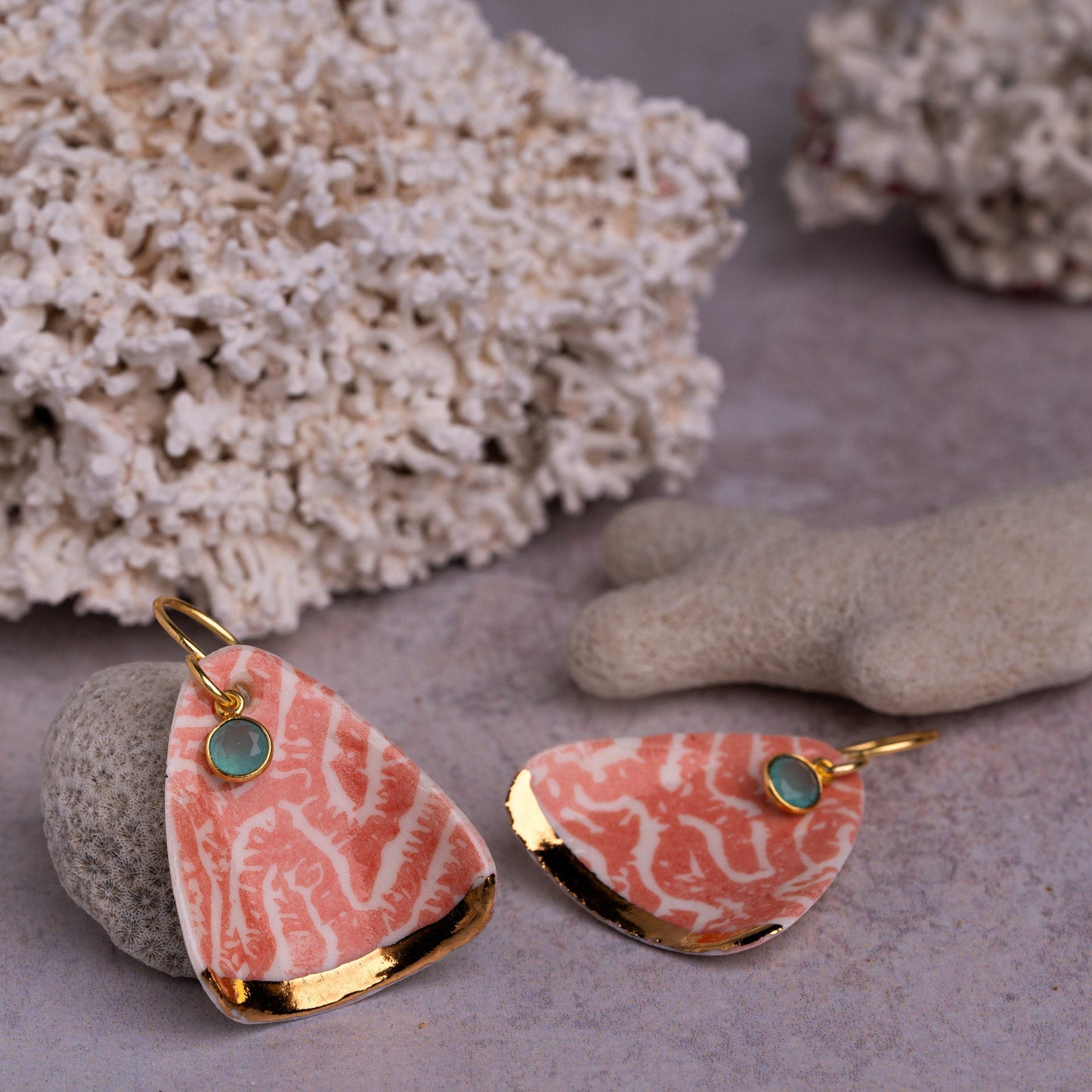 Porcelain Earring, X Large Triangle, Coral Blush