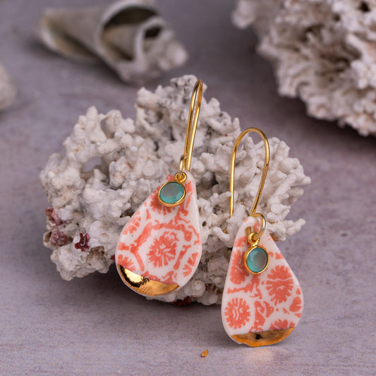Porcelain Earrings, Large Teardrop, Coral Blush