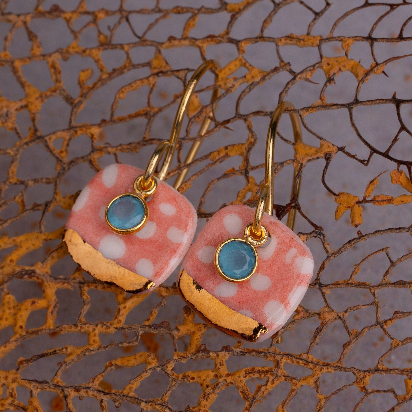 Porcelain Earrings, Small Square, Coral Blush
