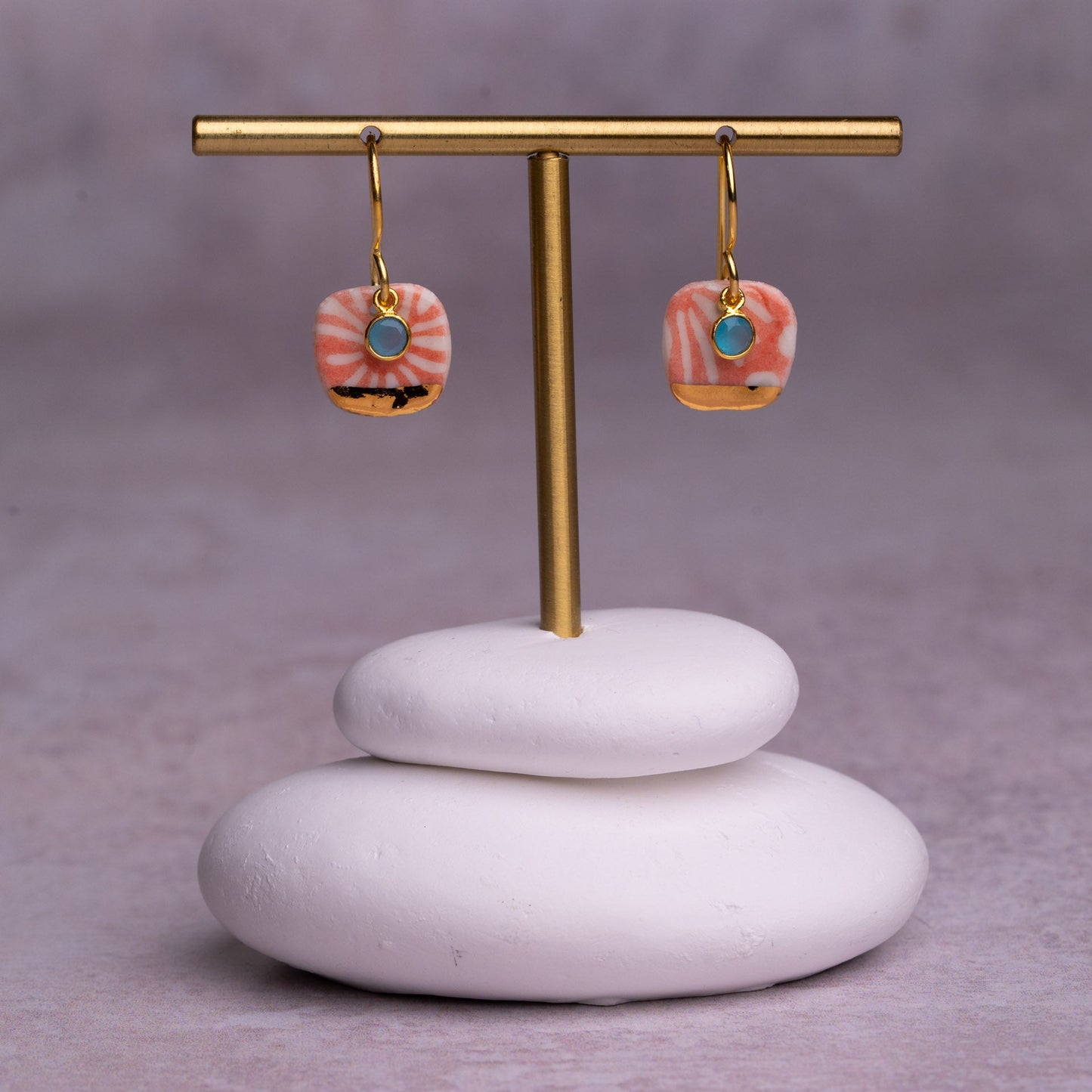 Porcelain Earrings, Small Square, Coral Blush