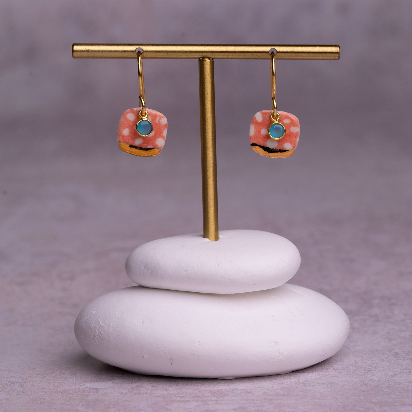 Porcelain Earrings, Small Square, Coral Blush