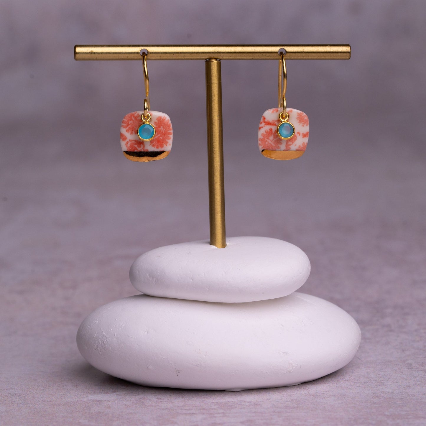 Porcelain Earrings, Small Square, Coral Blush