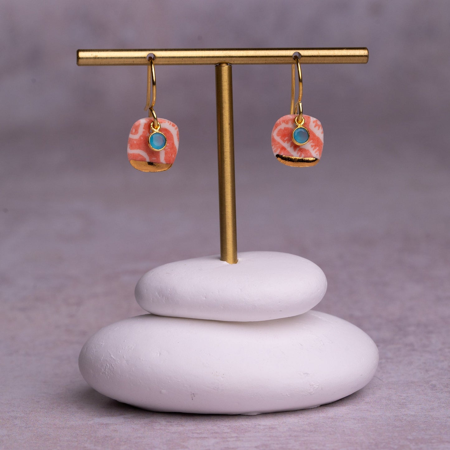 Porcelain Earrings, Small Square, Coral Blush