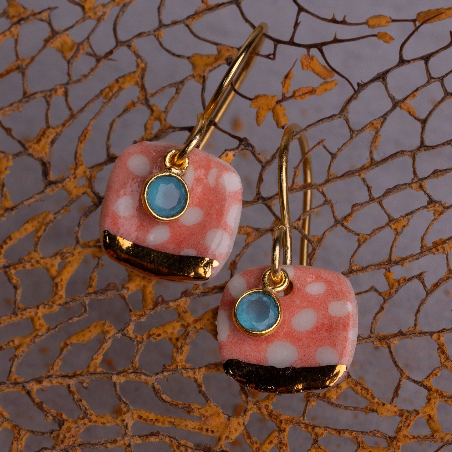 Porcelain Earrings, Small Square, Coral Blush