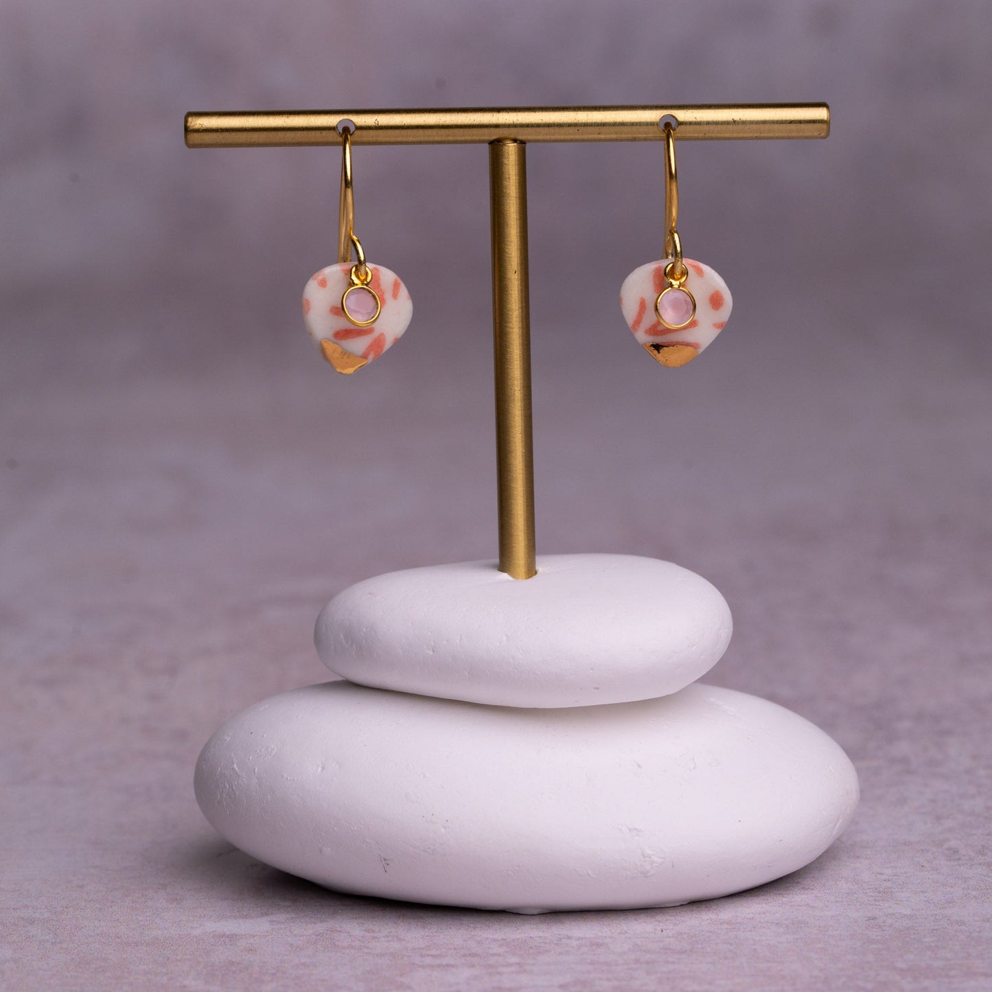 Porcelain Earrings, Small Heart, Coral Blush