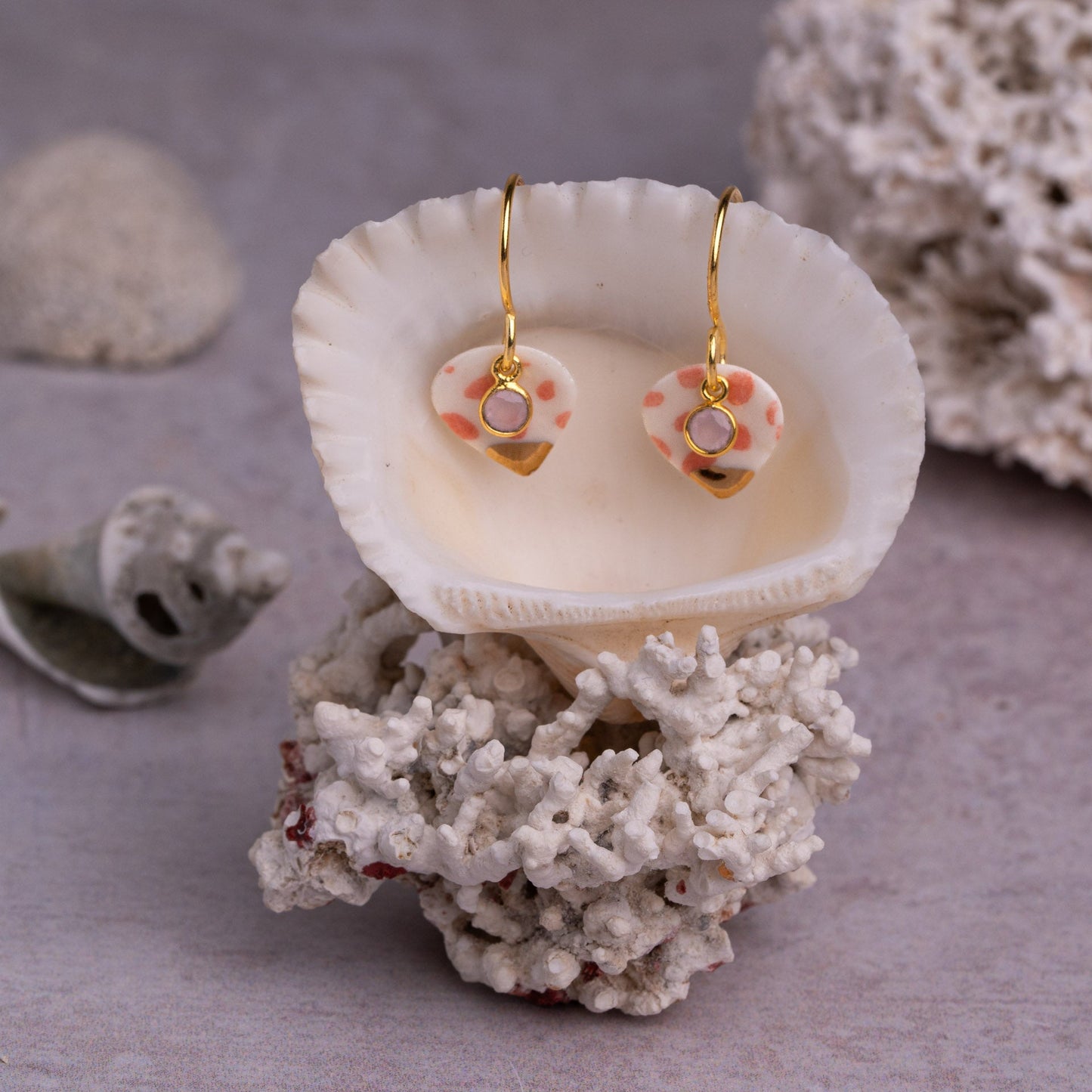 Porcelain Earrings, Small Heart, Coral Blush