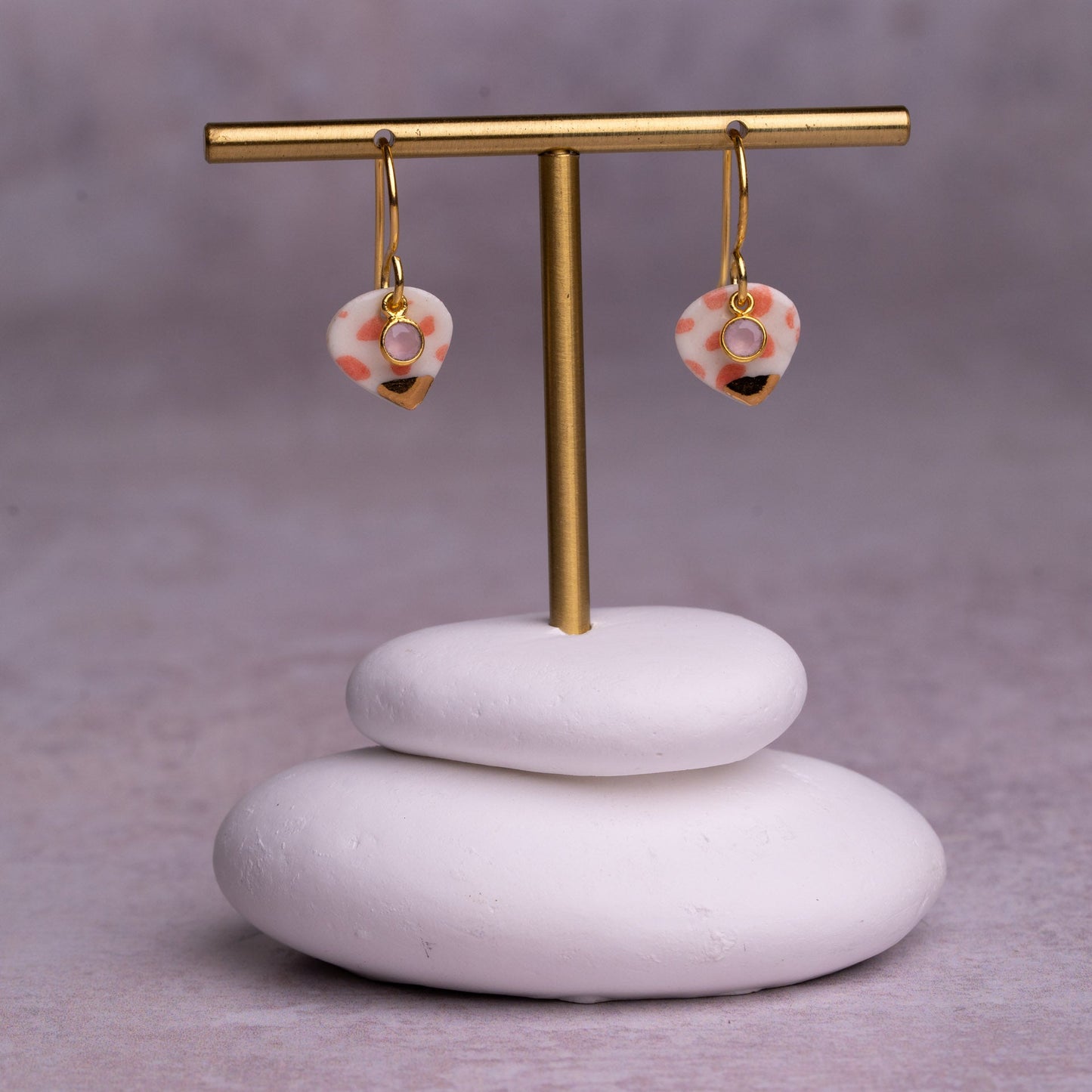 Porcelain Earrings, Small Heart, Coral Blush