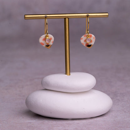 Porcelain Earrings, Small Heart, Coral Blush
