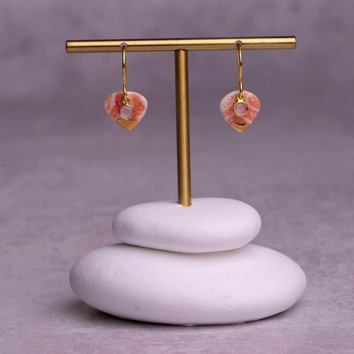 Porcelain Earrings, Small Heart, Coral Blush