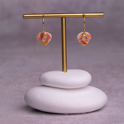 Porcelain Earrings, Small Heart, Coral Blush