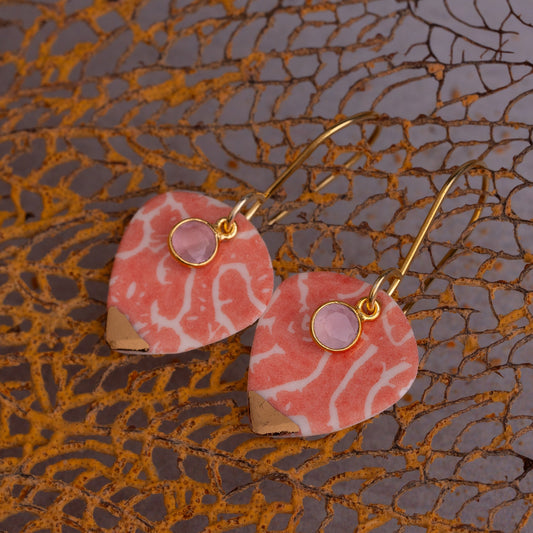 Porcelain Earrings, Large Heart, Coral Blush